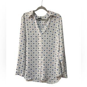 Ann Taylor White Blue Geo Print Button Front Blouse XLT